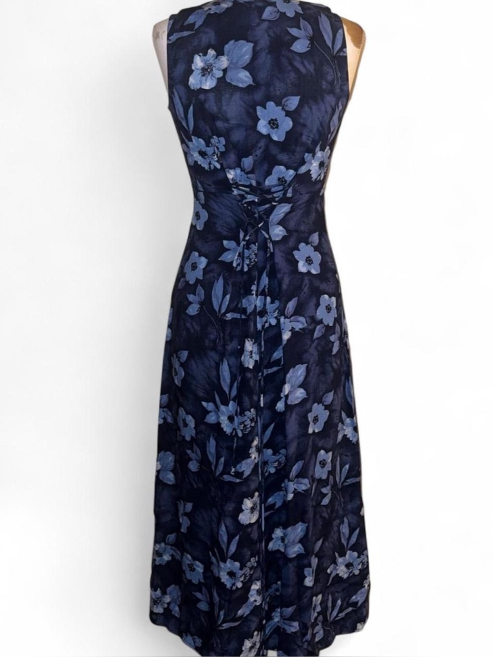 Vintage navy floral rayon midi dress with the cutest lace-up corset back